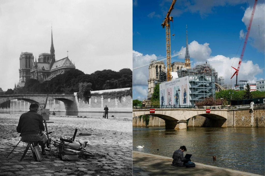 Widok na katedrę Notre Dame dawniej i dziś. Pierwsze zdjęcie pochodzi z lipca 1945 roku, drugie - z kwietnia 2024