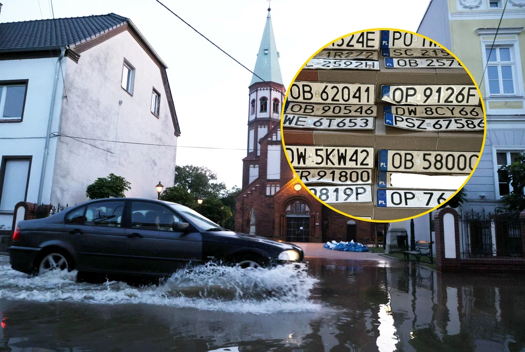 Powódź w Lewinie Brzeskim. W takich warunkach można łatwo zgubić tablicę rejestracyjną