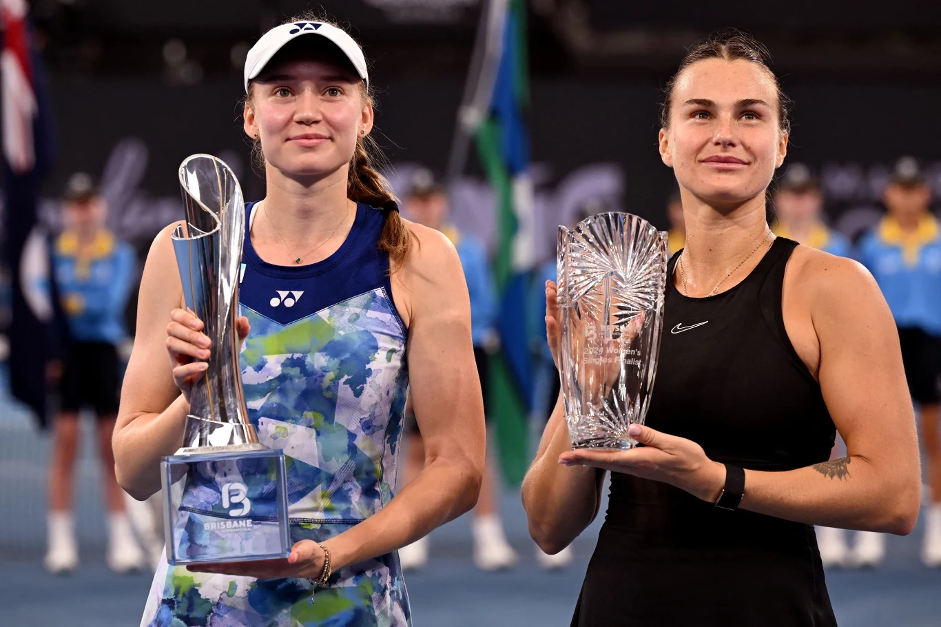 Jelena Rybakina i Aryna Sabalenka w Brisbane w 2024 roku. Finał wygrała Kazaszka