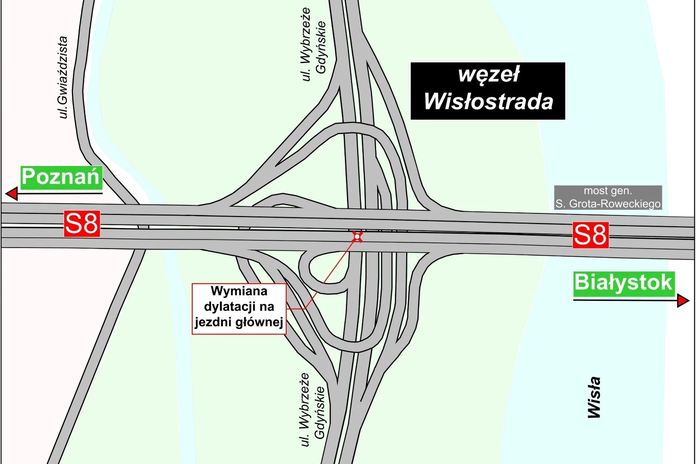 Zmiany na węźle Wisłostrada w ciągu drogi ekspresowej S8.