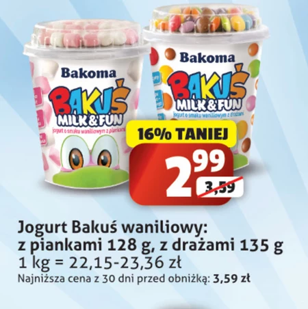 Bakoma Bakuś Milk & Fun Jogurt o smaku waniliowym z piankami 128 g