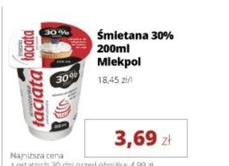 Łaciata Śmietanka pasteryzowana 30 % 200 ml