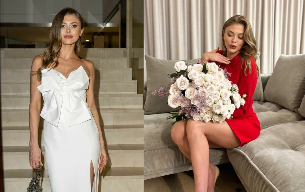 Joanna Opozda pozuje z bukietem kwiatów