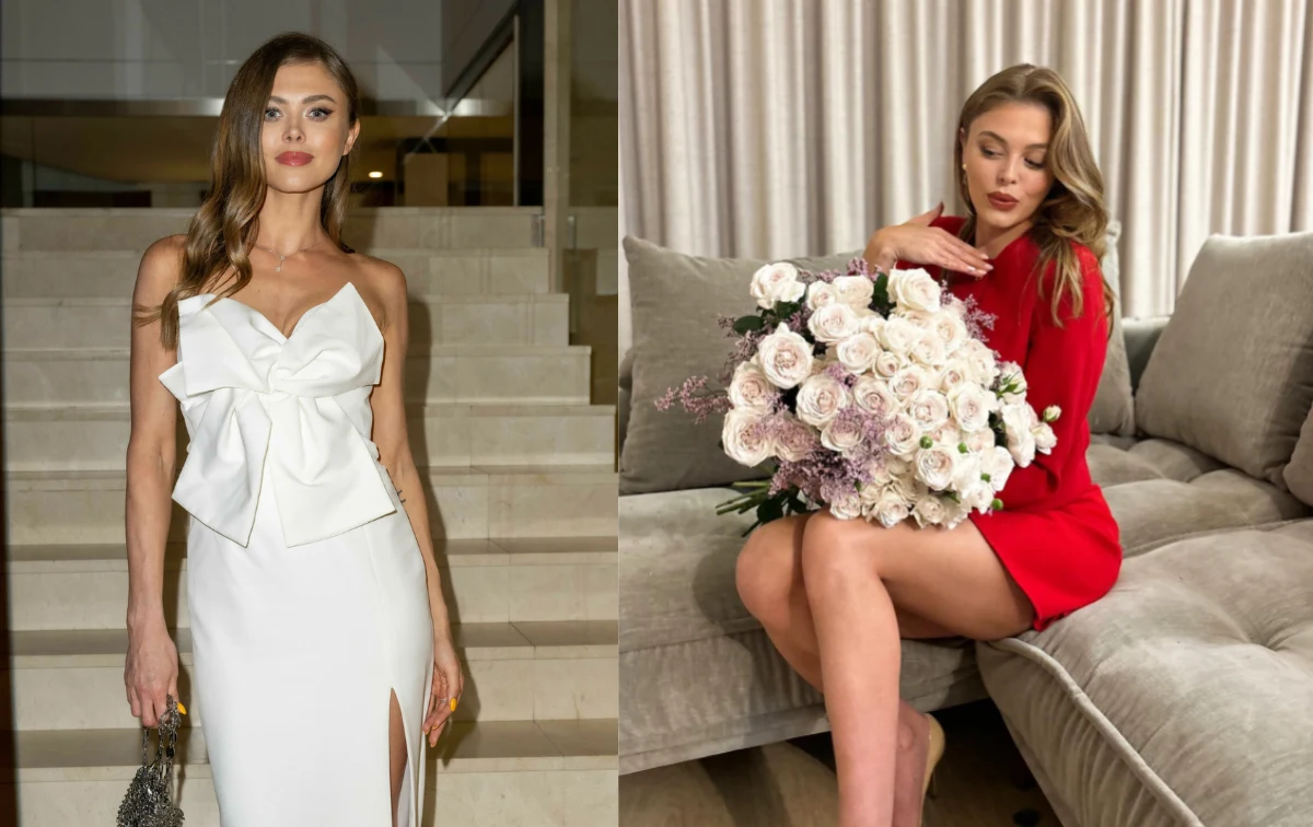 Joanna Opozda pozuje z bukietem kwiatów