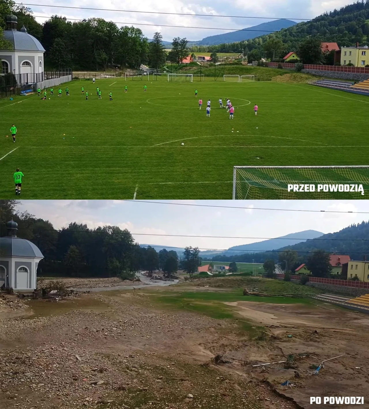 Stadion Kryształu Stronie Śląskie przed i po powodzi