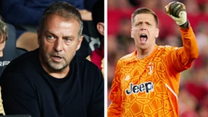 Trener FC Barcelona Hansi Flick oraz polski bramkarz Wojciech Szczęsny