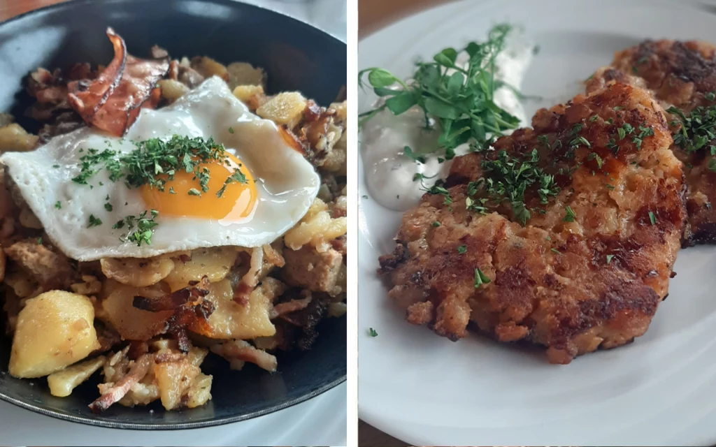 Tradycyjne dania: Tiroler Gröstl i Kaspressknödel w restauracji na szczycie Hohe Salve