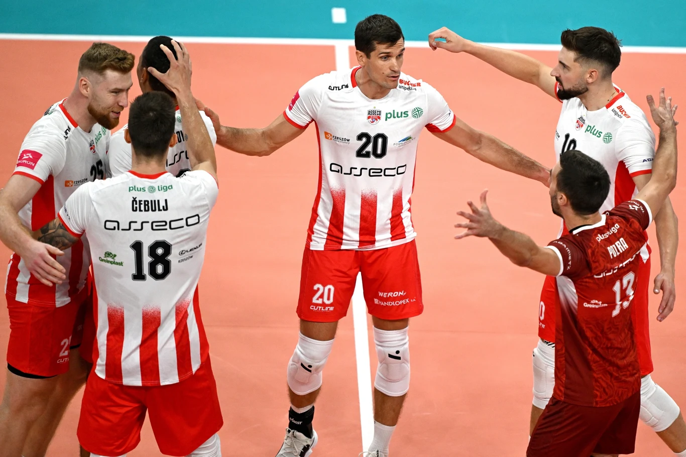Siatkarze Asseco Resovii, w środku z nr 20 Gregor Ropret