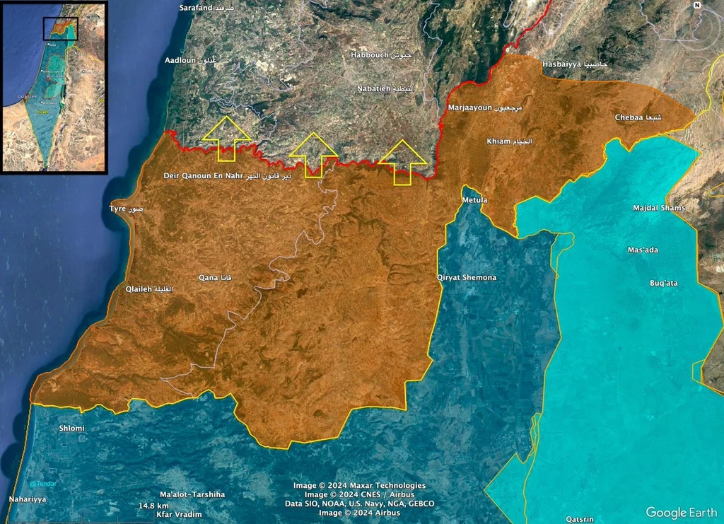 Mapa regionu granicy libańsko-izraelskiej z zaznaczoną na czerwono linią rzeki Litani. Niebieskim kolorem zaznaczone są tereny Izraela, a pomarańczowym - Libanu 