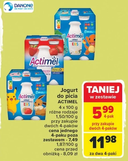 Actimel Napój jogurtowy o smaku malinowym 400 g (4 x 100 g)