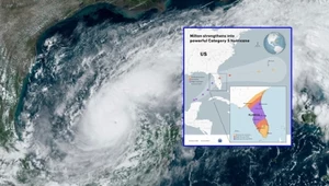 Huragan Milton na zdjęciu satelitarnym oraz jego prognozowana trasa przez Florydę. W momencie uderzenia w brzeg może być żywiołem trzeciej kategorii