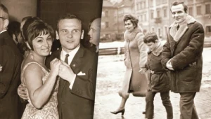 Jerzy Kulej z żoną Heleną w tańcu na fotografii z 1969 roku (z lewej), obok rodzinny spacer po Starówce w 1971 roku, pośrodku rodziców syn Waldemar