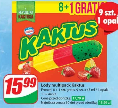 Kaktus Lody wodne o smaku cytrynowym i sorbet truskawkowy 405 ml (9 sztuk)
