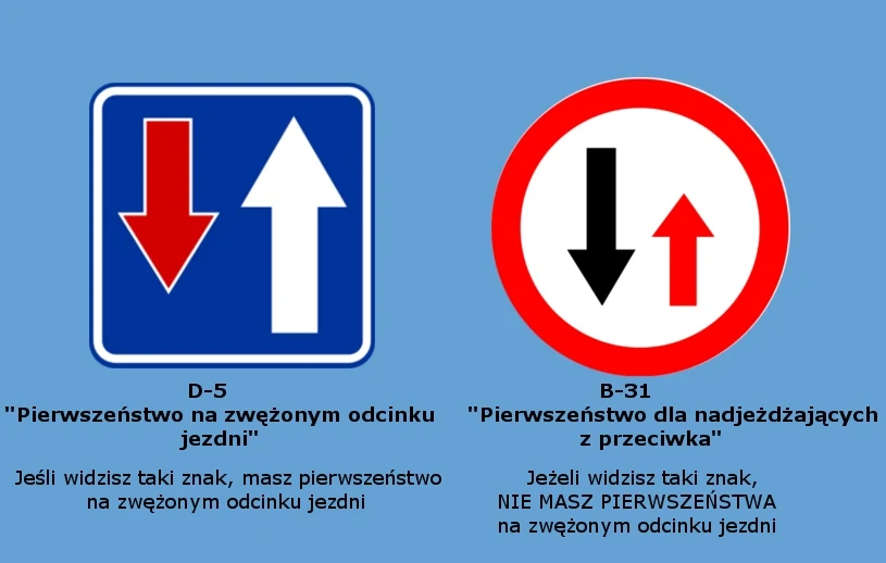Pierwszeństwo przejazdu ma kierowca, który widzi znak D-5 (po lewej). Ten nadjeżdżający z drugiej strony ma przed sobą znak B-31. To oznacza, że musi poczekać na przejazd.