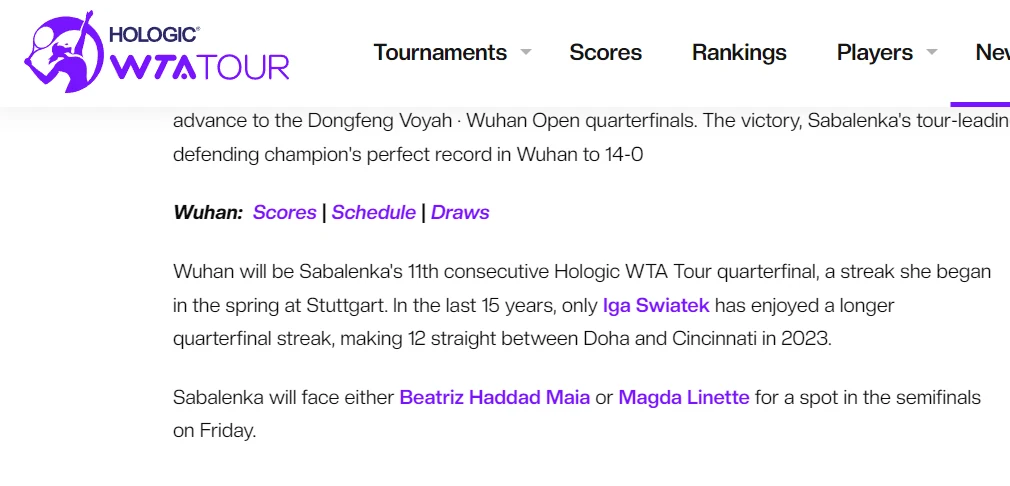 Tak wyglądał najpierw wpis na stronie WTA