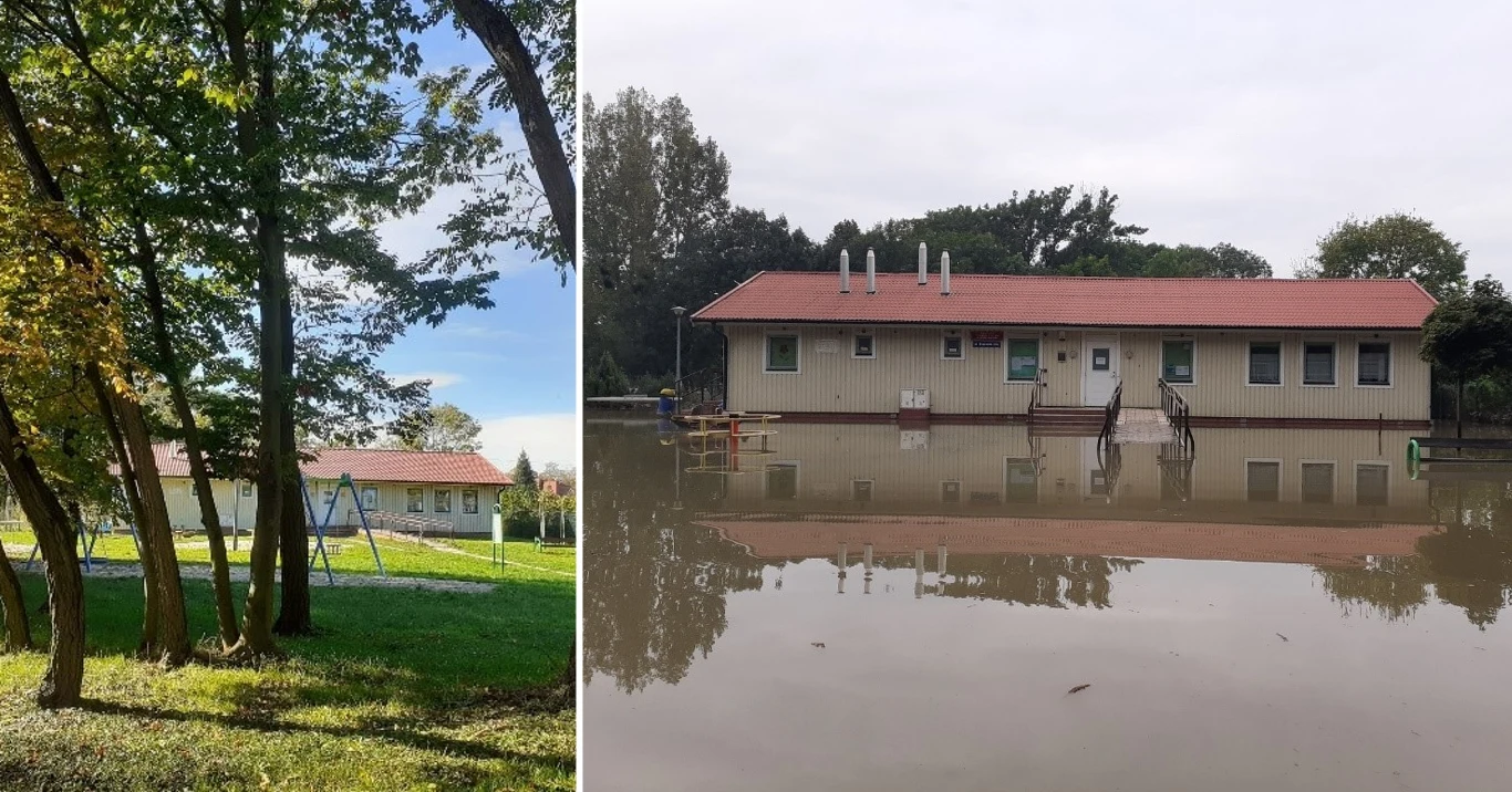Ośrodek w Lewinie Brzeskim przed powodzią - i w jej trakcie Ośrodek w Lewinie Brzeskim przed powodzią - i w jej trakcie