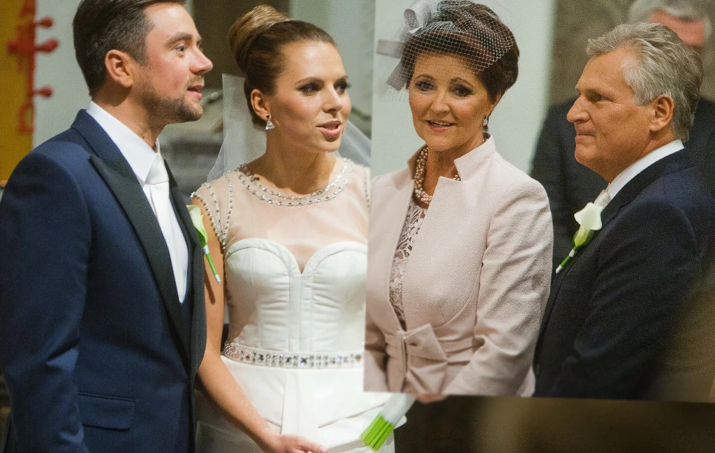 Kuba Badach, Aleksandra Kwaśniewska, Jolanta i Aleksander Kwaśniewscy w dniu ślubu