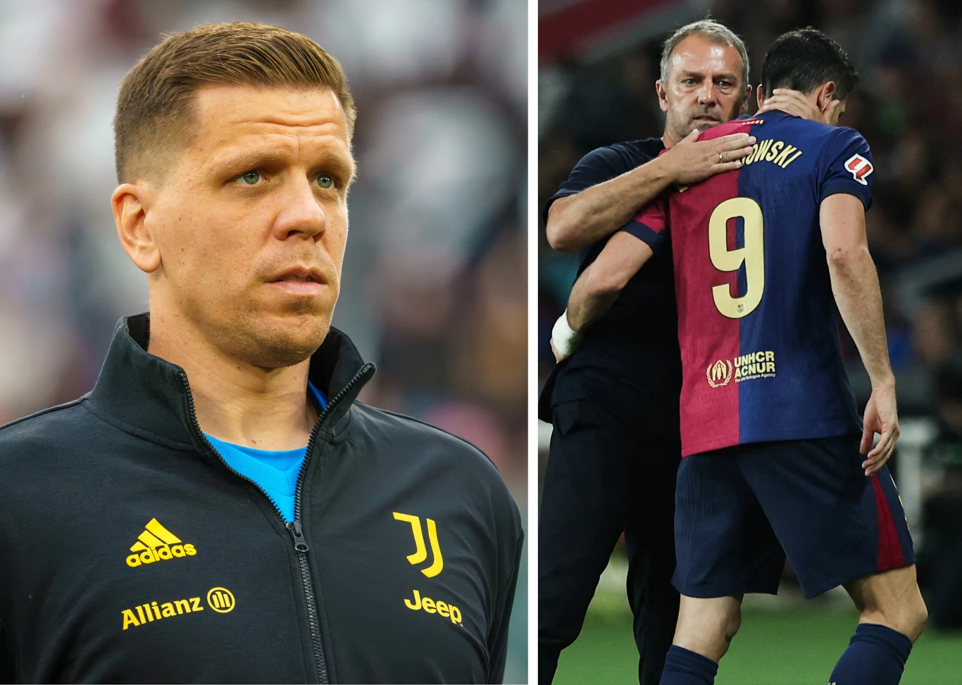 FC Barcelona. Na zdjęciu Wojciech Szczęsny, trener Hansi Flick oraz Robert Lewandowski