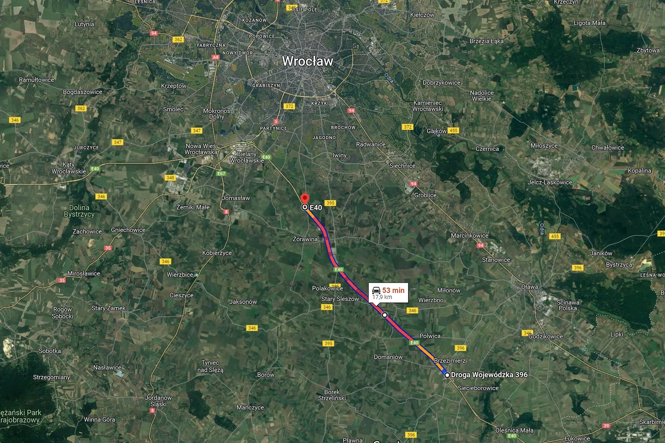 Kilometrowe korki na A4 pod Wrocławiem. Czas przejazdu to blisko godzina / Fot. Google Maps