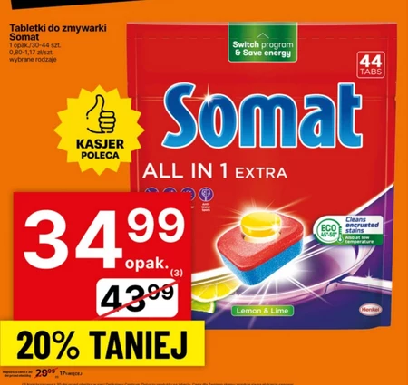 Somat All in 1 Extra Lemon & Lime Tabletki do mycia naczyń w zmywarkach 730,4 g (44 sztuki)
