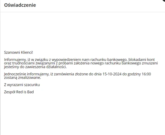 Oświadczenie, jakie pojawiła się na stronie internetowej marki "Red is bad" Oświadczenie, jakie pojawiła się na stronie internetowej marki "Red is bad"