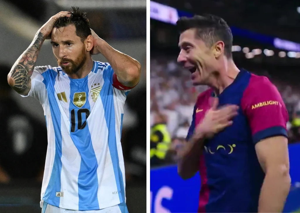 Leo Messi w barwach reprezentacji Argentyny oraz Robert Lewandowski świętujący gola dla FC Barcelona w meczu z Realem Madryt