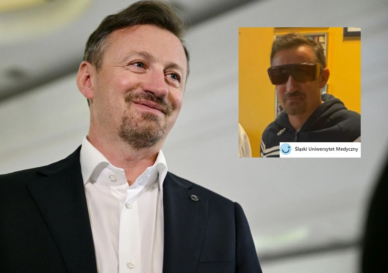 Adam Małysz w specjalnych okularach chroniących oczy po zabiegu. Adam Małysz w specjalnych okularach chroniących oczy po zabiegu.