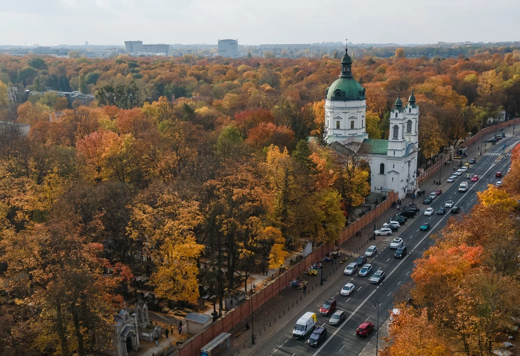 Warszawskie Powązki, widok na kościół Karola Boromeusza.