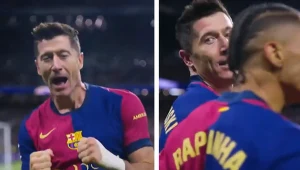 Robert Lewandowski świętujący kolejne trafienie dla FC Barcelona