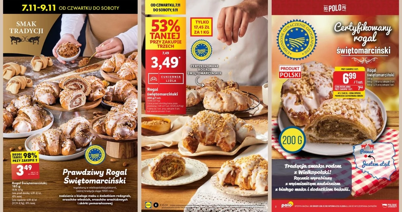 Rogale świętomarcińskie w gazetce promocyjnej Biedronki, Lidlu i Polomarketu. 
