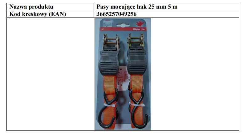 Auchan wycofuje ze sprzedaży pasy mocujące hak 25 mm 5 m o kodzie kreskowy (EAN) 3665257049256