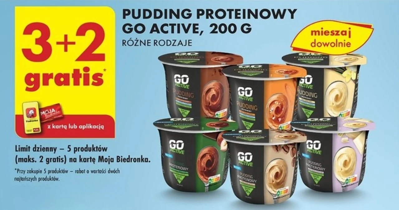 Promocja 3+2 gratis na puddingi proteinowe Go Active w Biedronce Promocja 3+2 gratis na puddingi proteinowe Go Active w Biedronce