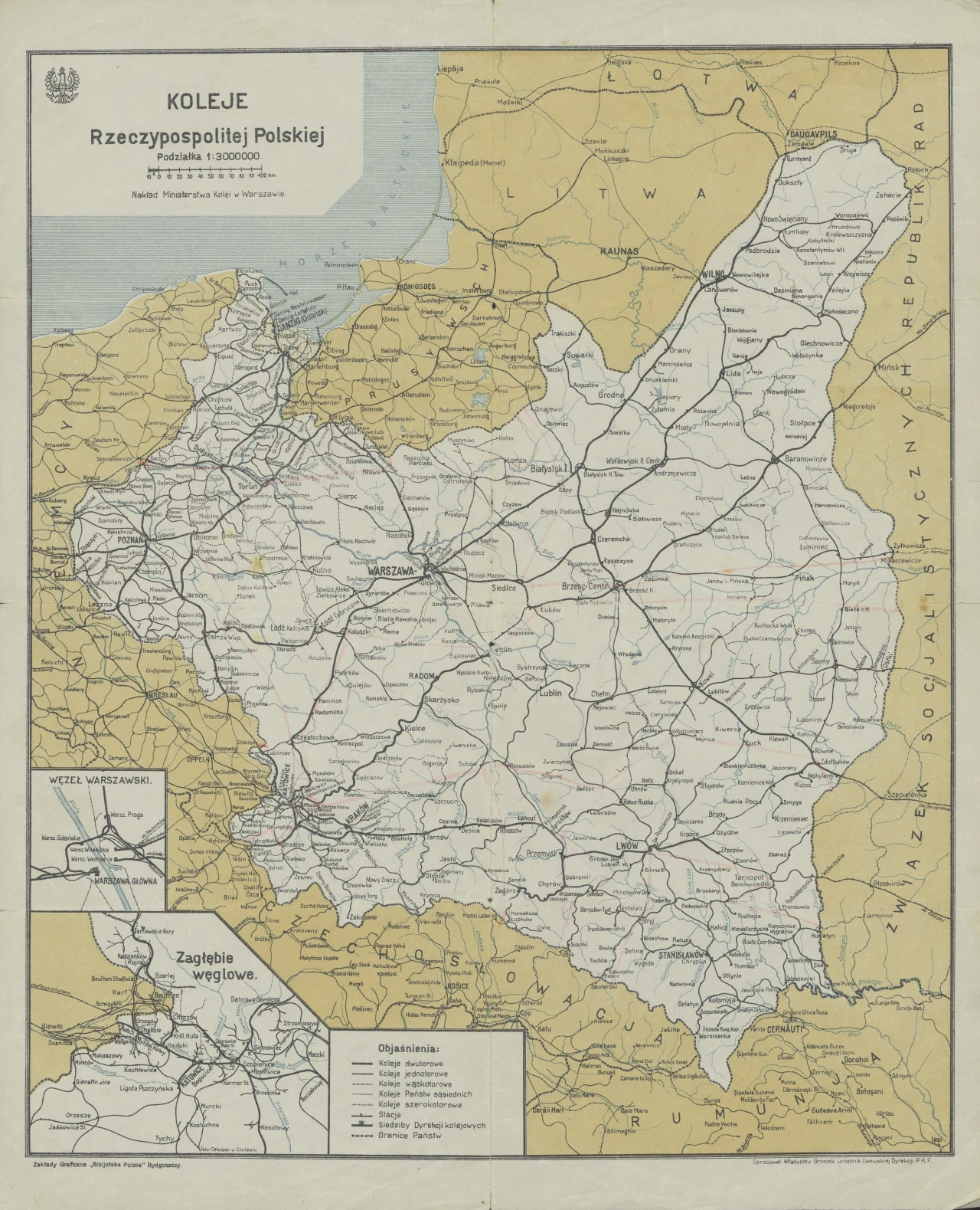Mapa polskiej sieci kolejowej, wydana między 1921 a 1926 rokiem