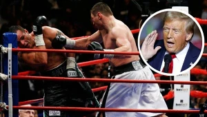 Mike Mollo z Andrzejem Gołotą podczas walki w 2008 r. oraz Donald Trump