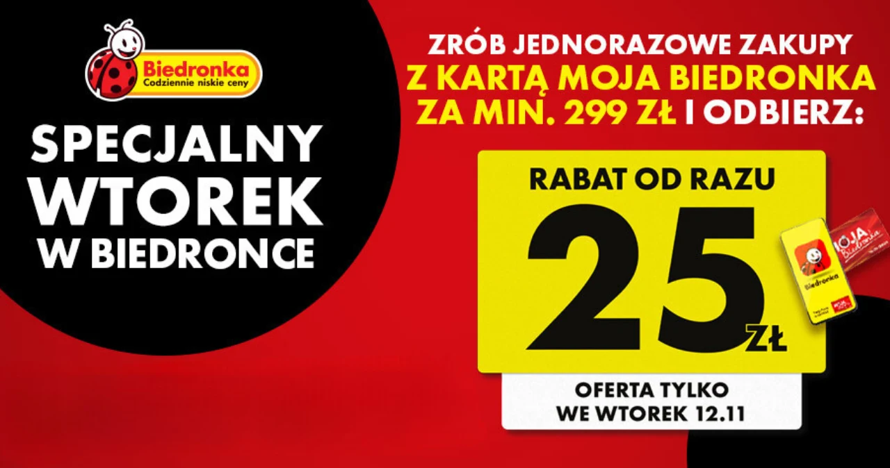Tylko dziś: Biedronka opłaci część Twoich zakupów! Zyskaj 25 zł rabatu z kartą Moja Biedronka