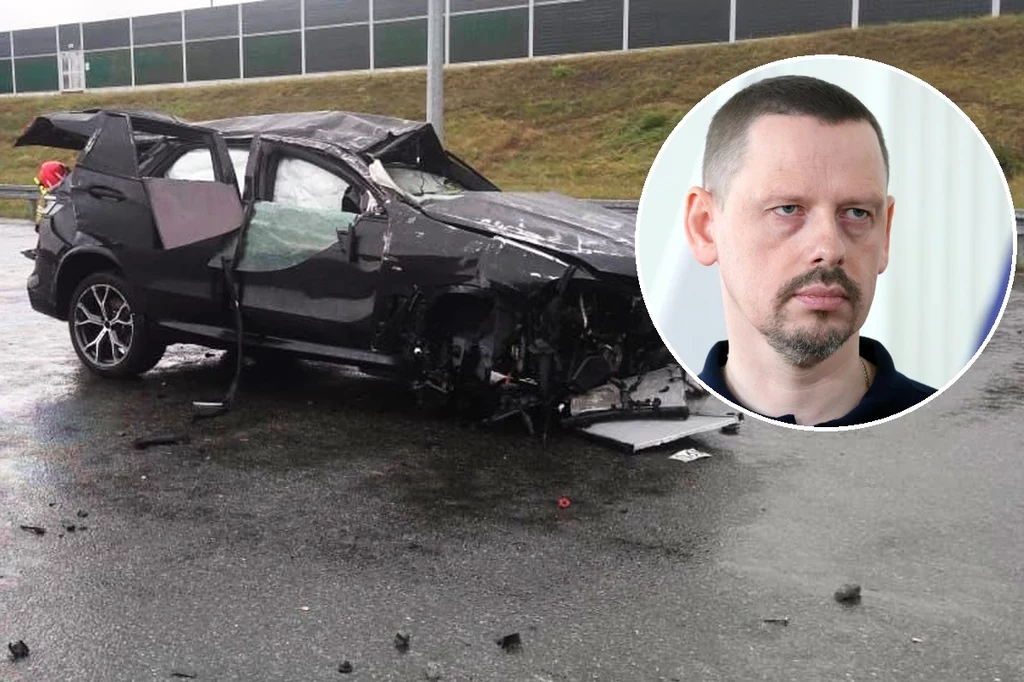 Służbowe BMW X5 komendanta głównego policji Marka Boronia dachowało na autostradzie A1 / fot. twitter.com/@MariuszGierszew ; East News, Wojciech Olkusnik