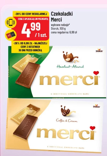 merci Czekolada mleczna z kawałkami orzechów laskowych i migdałów 100 g (4 sztuki)
