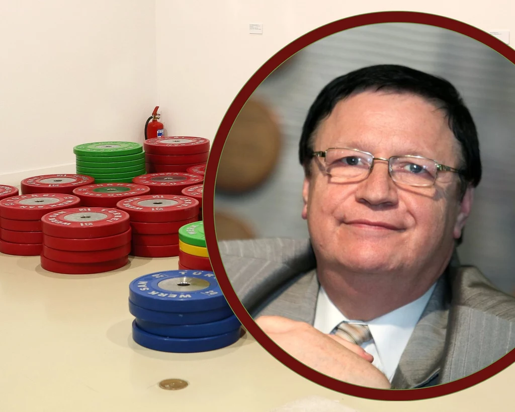 Obciążniki, czyli ciężarki nakładane na sztangę. W ramce Zygmunt Wasiela, były prezes PZPC Obciążniki, czyli ciężarki nakładane na sztangę. W ramce Zygmunt Wasiela, były prezes PZPC