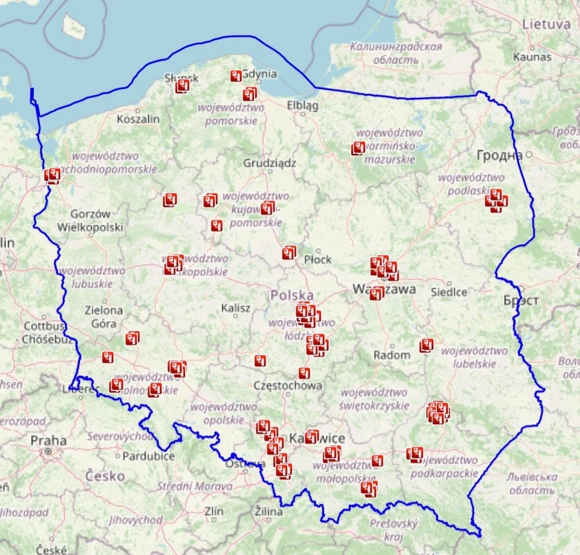 Mapa rozmieszczenia kamer rejestrujących przejazd na czerwonym świetle. Mapa rozmieszczenia kamer rejestrujących przejazd na czerwonym świetle.