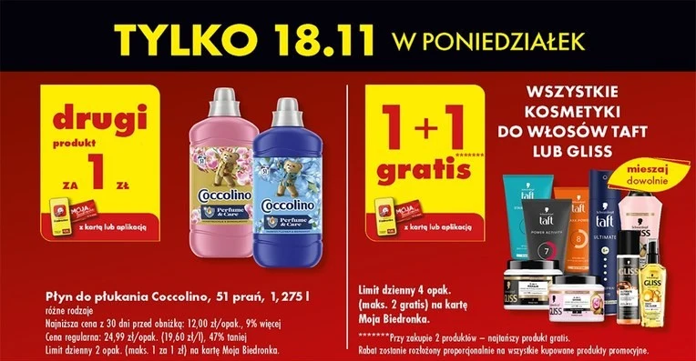 Płyny do płukania Coccolino oraz kosmetyki do włosów Taft i Gliss (18.11)