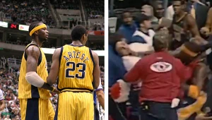 "Malice at the Palace" uznaje się powszechnie za najgorszą bójkę w dziejach NBA. Po lewej: Jermaine O'Neal oraz Ron Artest