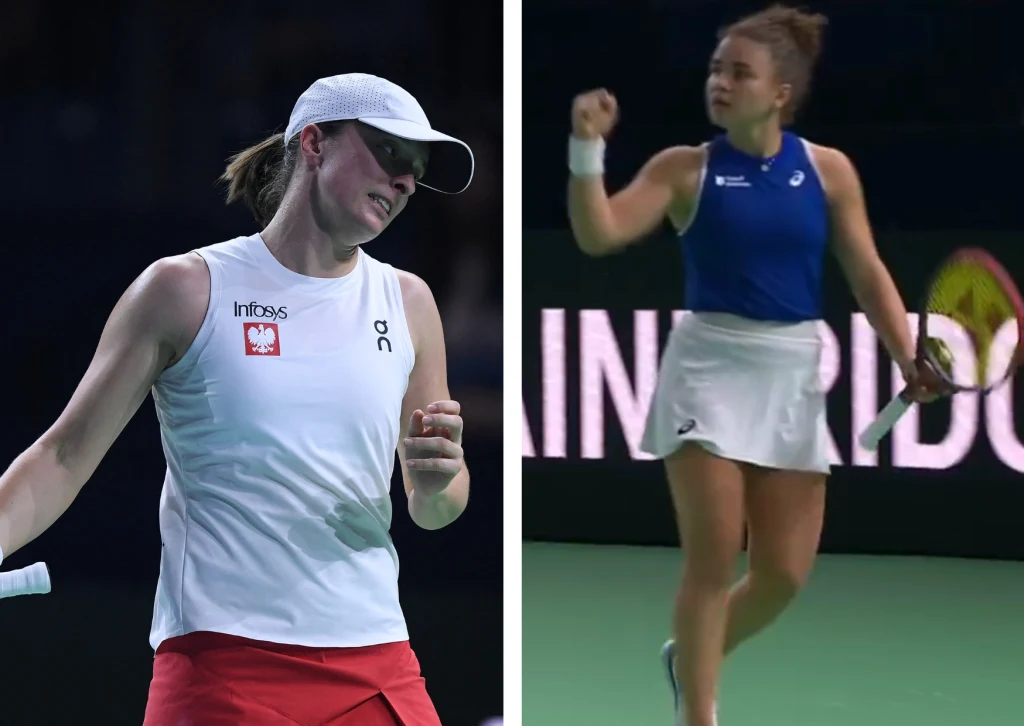 Iga Świątek i Jasmine Paolini podczas meczu na Billie Jean King Cup 2024 Iga Świątek i Jasmine Paolini podczas meczu na Billie Jean King Cup 2024