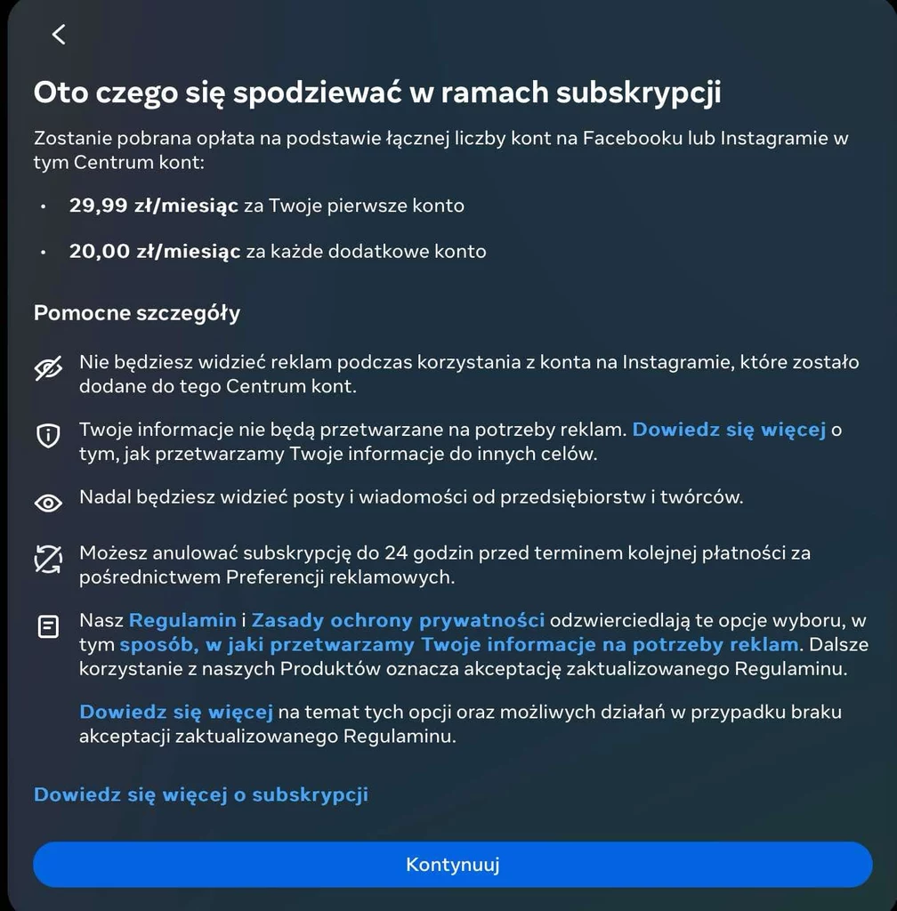 Tyle zapłacisz, jeśli nie chcesz oglądać reklam w serwisach Meta i wyrażać zgody na przetwarzanie danych w celach reklamowych