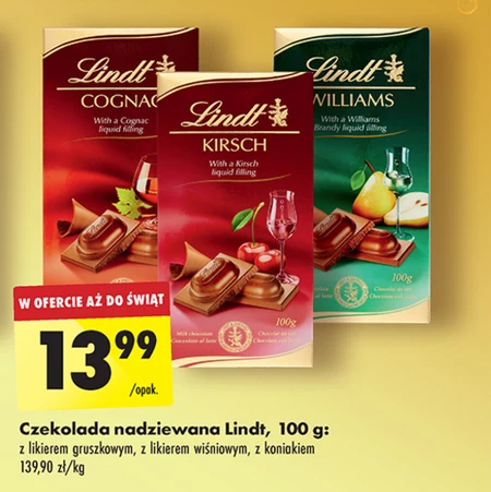 Lindt Czekolada mleczna z płynnym nadzieniem z likierem Kirsch 100 g