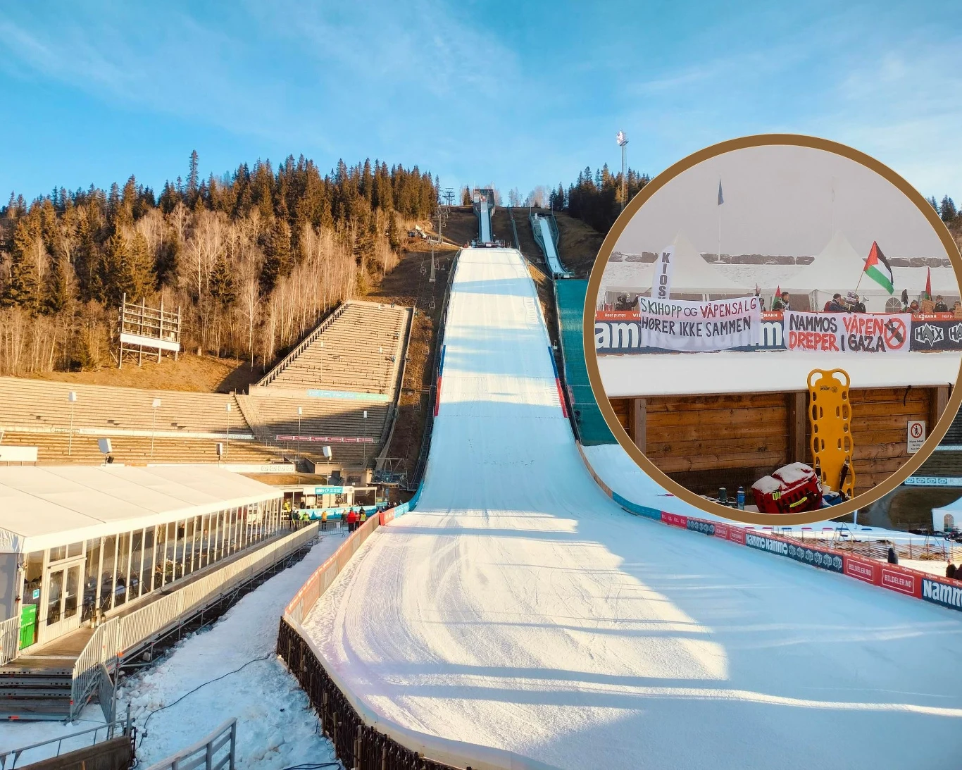 Skocznia w Lillehammer. W ramce protest przeciwko firmie Nammo