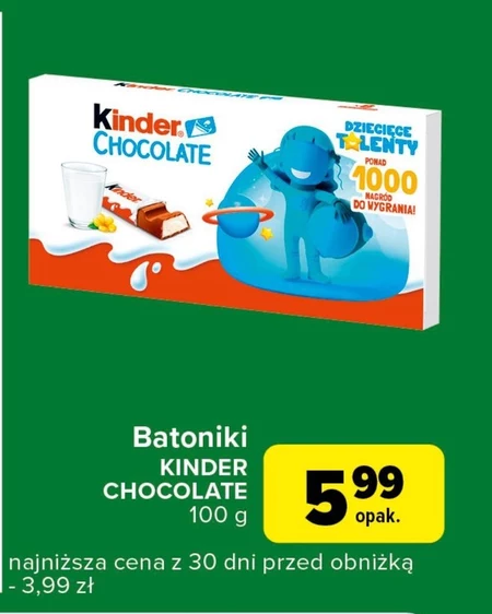 Kinder Chocolate Batonik z mlecznej czekolady z nadzieniem mlecznym 100 g (8 sztuk)