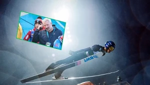 Christian Kathol jest odpowiedzialny w FIS za kontrole sprzętu. Za nim Kamil Stoch (obaj w ramce), w locie Maciej Kot 