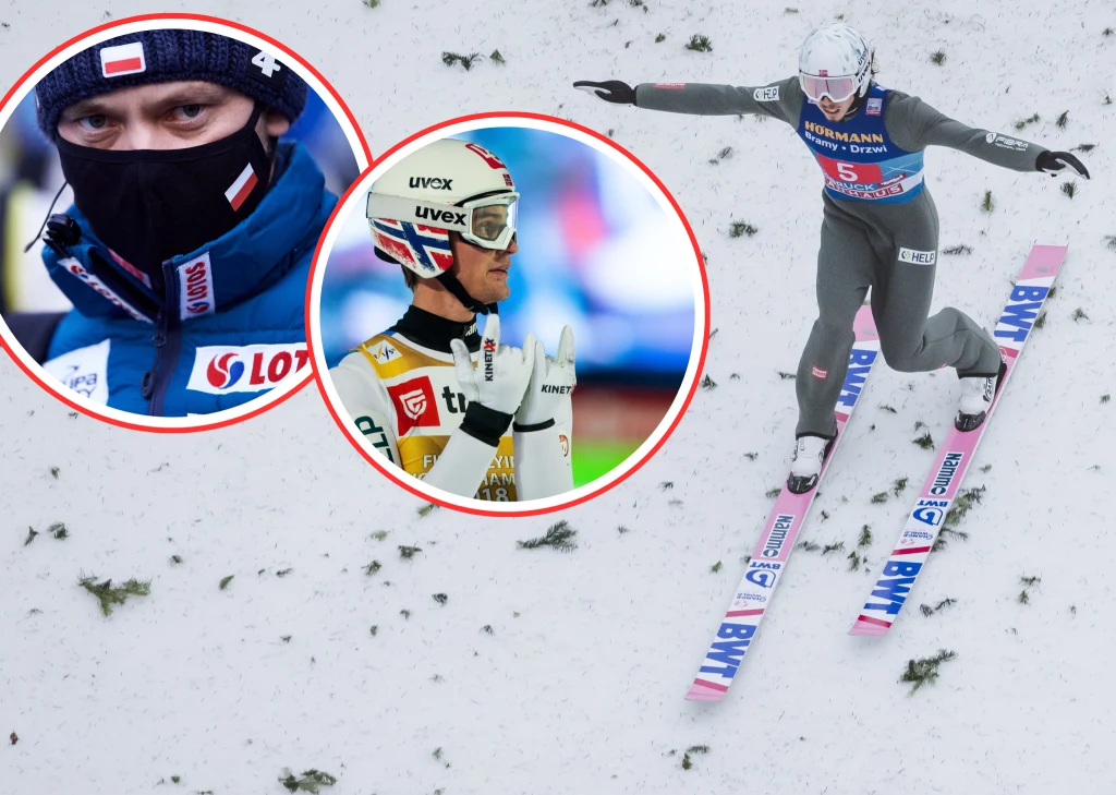 Skoki narciarskie. Na zdjęciu (od lewej): Michal Doleżal, Daniel Andre Tande oraz Robert Johansson Skoki narciarskie. Na zdjęciu (od lewej): Michal Doleżal, Daniel Andre Tande oraz Robert Johansson