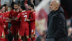Pep Guardiola (P) mógł jedynie przyglądać się, jak piłkarze Liverpoolu ogrywają jego zespół