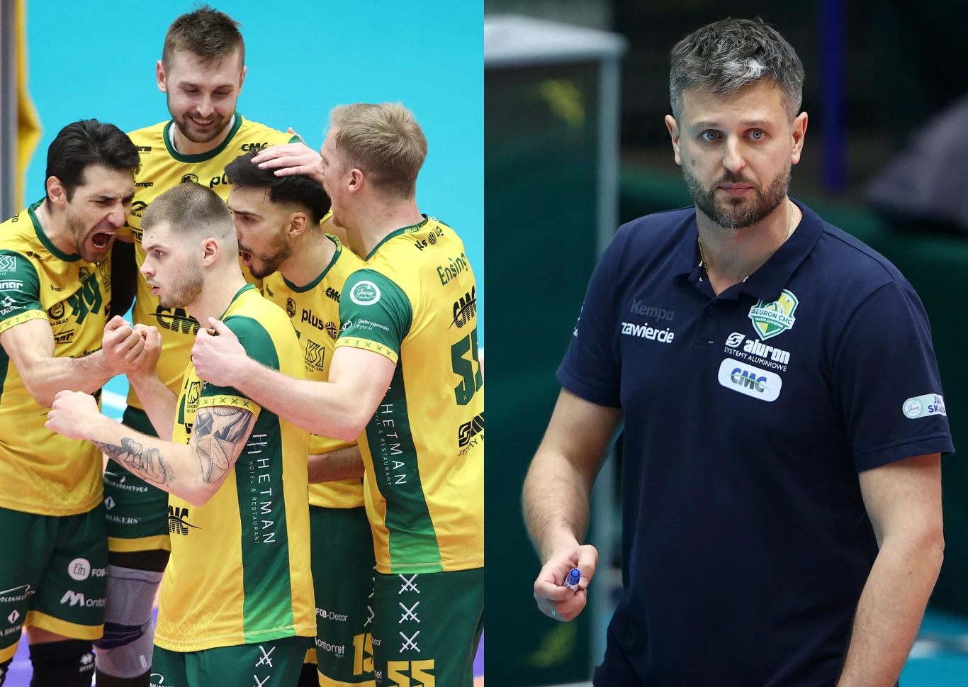 Siatkarze Aluron CMC Warty Zawiercie (L) i ich trener Michał Winiarski (P) Siatkarze Aluron CMC Warty Zawiercie (L) i ich trener Michał Winiarski (P)